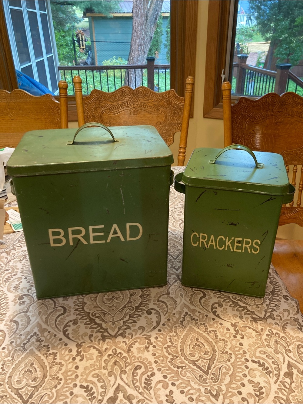 Two's Company Green 'BREAD' and 'CRACKERS' Metal Kitchen Canisters